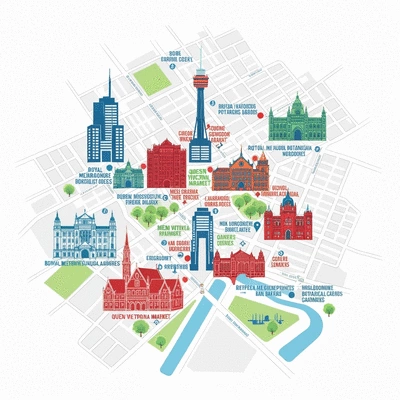 Stylized map of Melbourne CBD retail hotspots with prominent landmarks and shopping centers highlighted, no text, no words, no typography, clean image