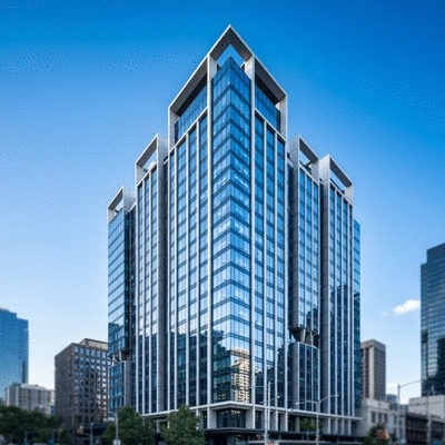 Modern commercial building in Melbourne CBD with clear blue sky, showing architectural details and glass facade