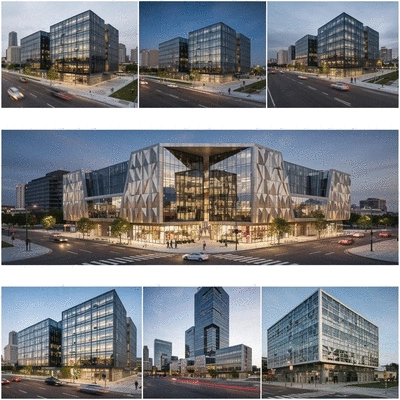 Modern building with solar panels and green elements, representing sustainable retrofits