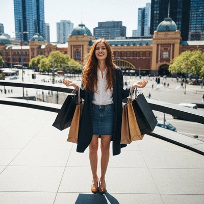 High-angle shot of a person holding several stylish shopping bags with Melbourne CBD landmarks in background, no text, no words, no typography, clean image