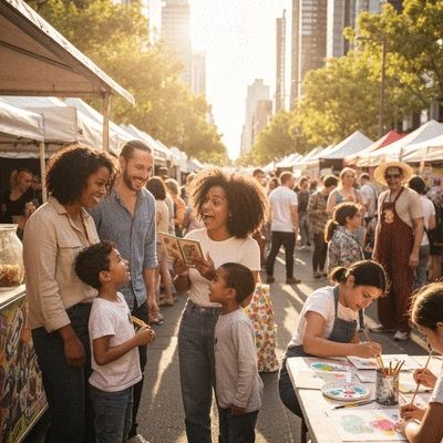 Family enjoying a vibrant festival in Melbourne CBD, with colorful stalls and children engaged in activities