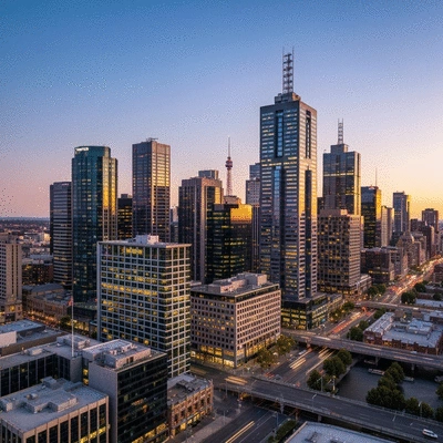 Melbourne CBD skyline featuring modern commercial buildings and a vibrant cityscape at sunset
