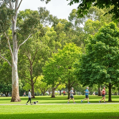 Lush green urban park in Melbourne with diverse trees and people enjoying the space, illustrating urban forest initiatives
