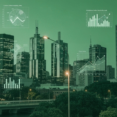 Melbourne skyline with a green filter and charts indicating reduced carbon emissions